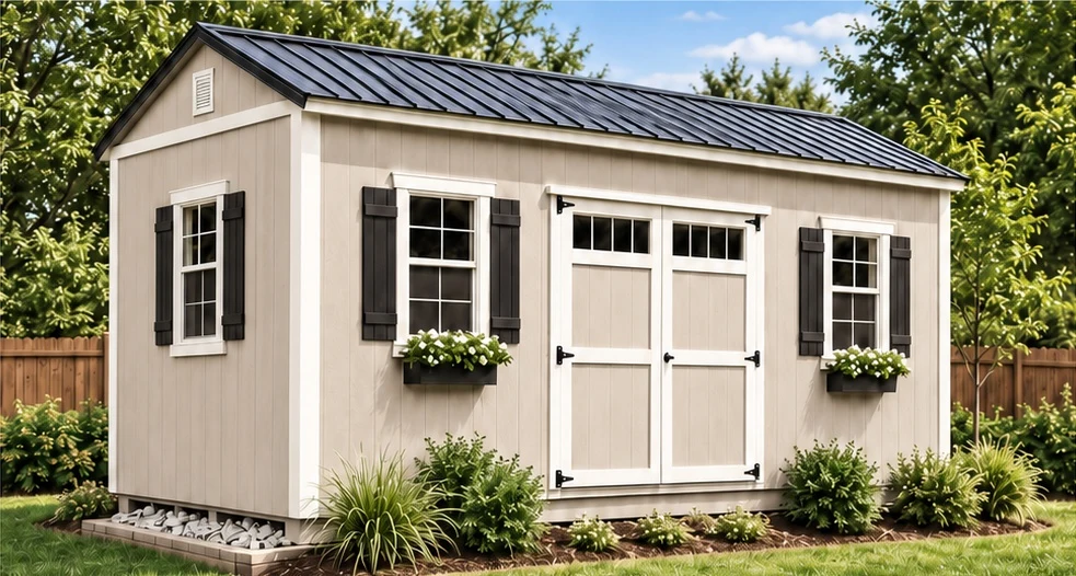 Beige garden shed with white trim, a dark metal roof, and landscaped surroundings