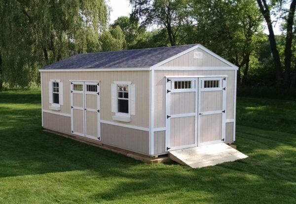 Preparing For Shed Delivery 7 Beige with Clay and White Paint & Estate Gray Shingles