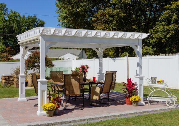 10x12 Traditional White Vinyl Pergola, Superior Post, EZ Shade Side Curtain