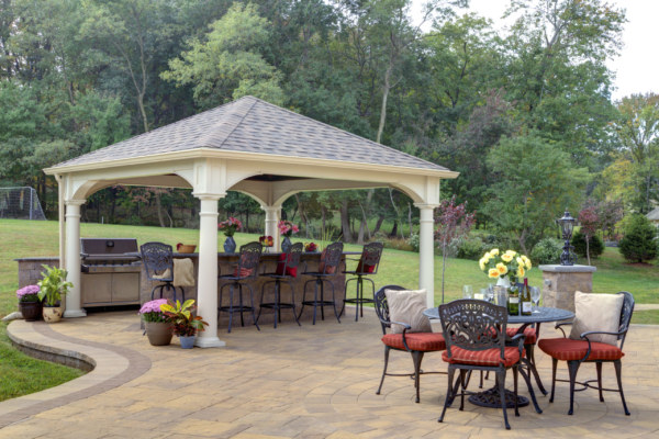 12x12 Traditional Ivory Vinyl Pavilion for sale - Asphalt Shingles - 10in Round Column Post