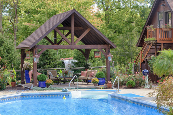 14x16 Alpine Cedar Wood Pavilion for sale, Custom Stain, Asphalt Shingles