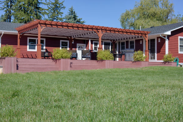 16x32 Traditional Wood Pergola, Superior Post, Canyon Brown Stain, (2) Burgundy Black & White EZ Shade Canopy