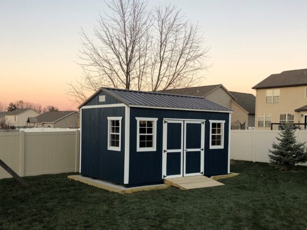 10x16 GS Painted Navy with White trim Burnished Slate Metal tall sidewalls 4x6 ramp Melissa Spiecer cropped