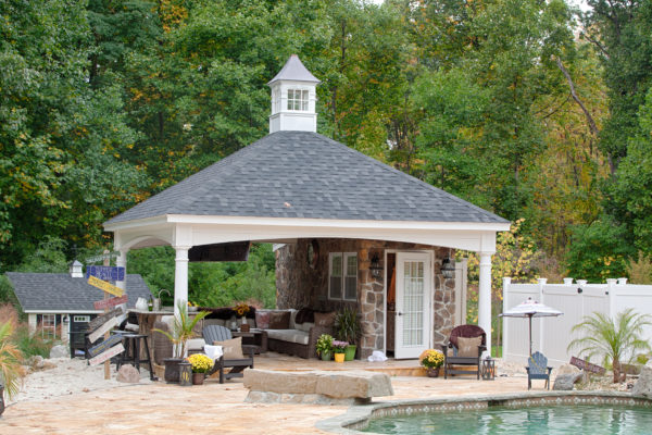 20x20 Hampton White Vinyl Pavilion Asphalt Shingles 6x16 Villa with Custom Stone Veneer Custom Cupola 1