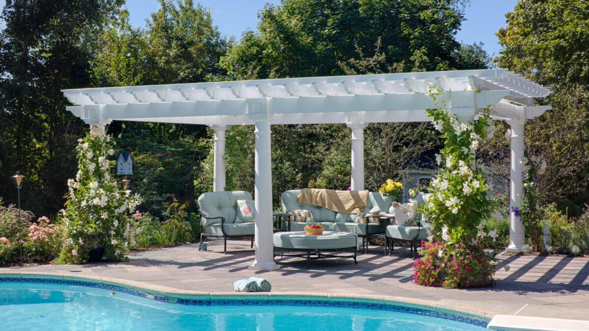14 x 20 Artisan White Vinyl Pergola 10in Round Column Post scaled edited