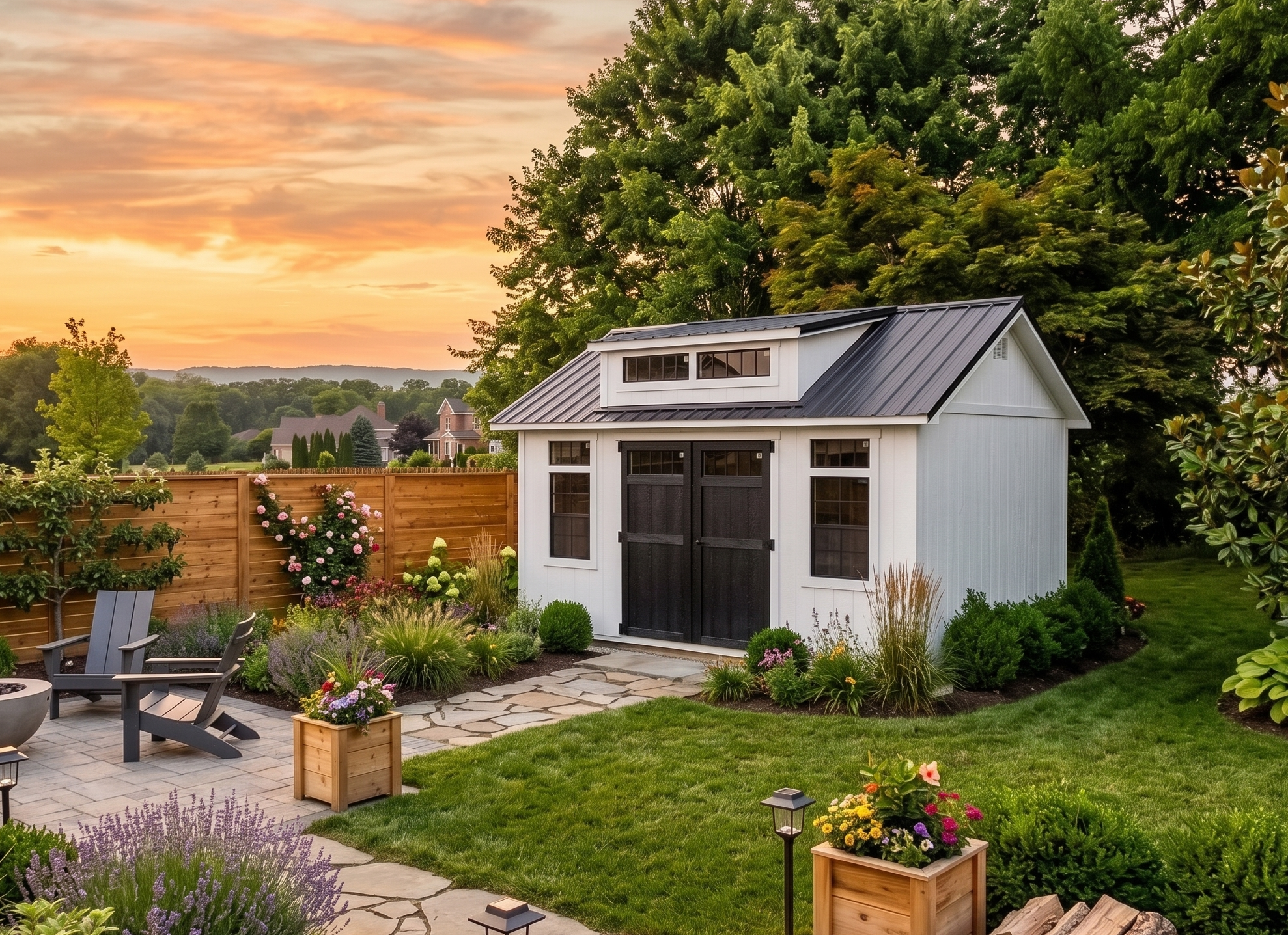 10x16 Elite Garden Shed with landscaping 1