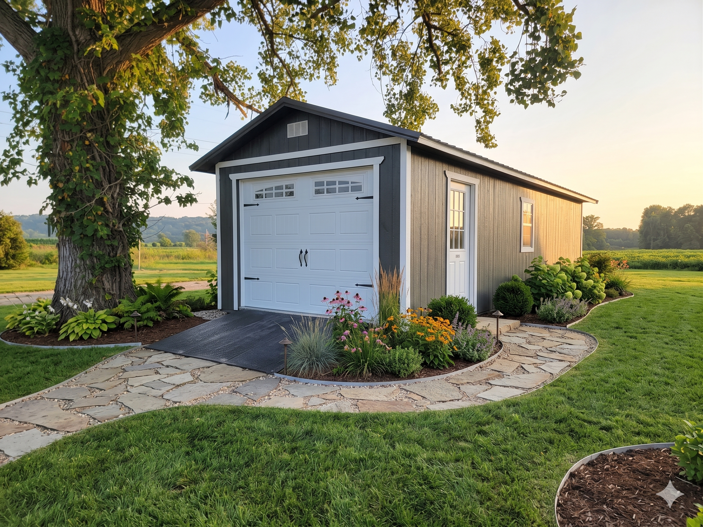 Garage with landscaping