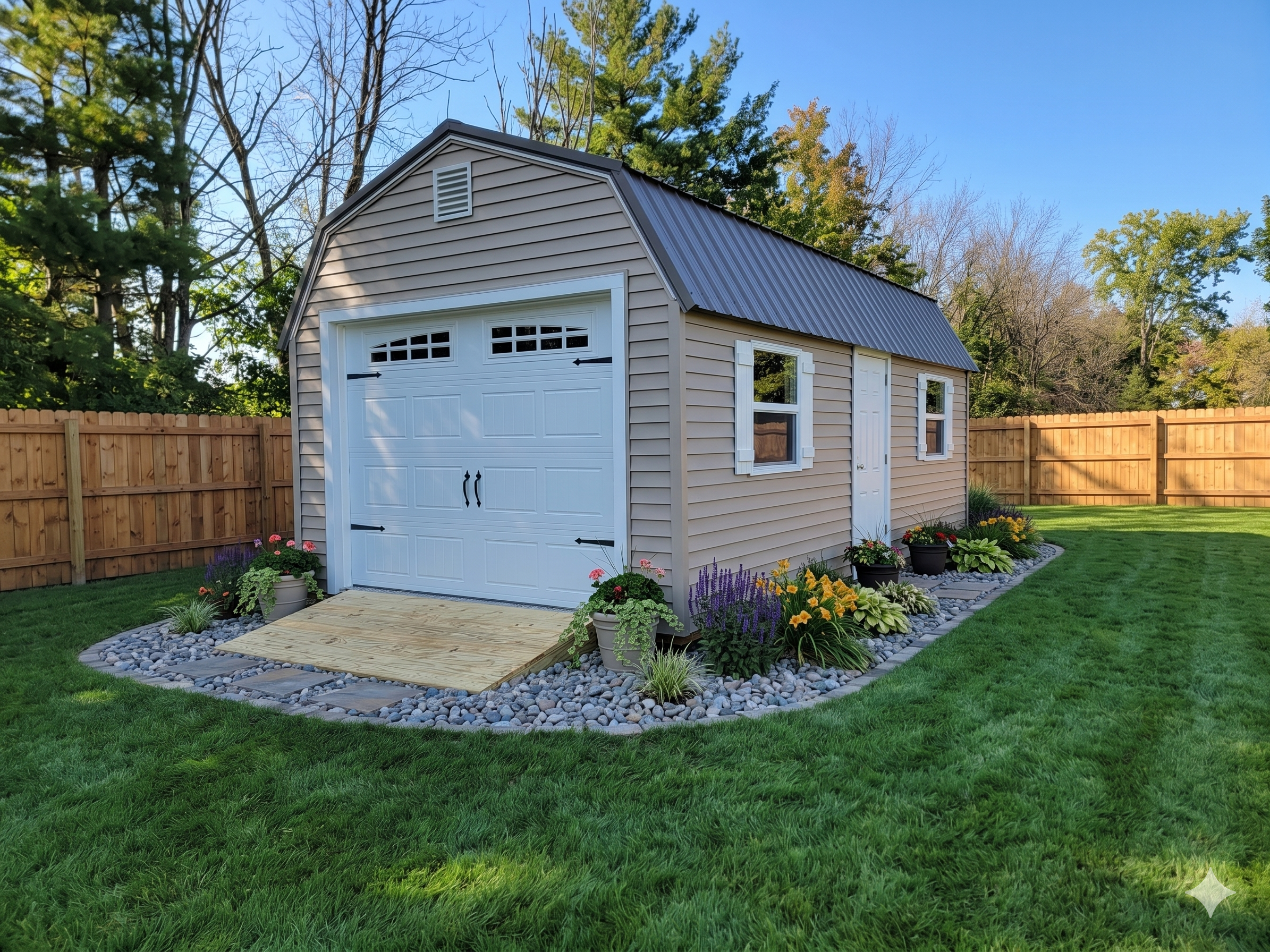 Lofted Garage with landscaping