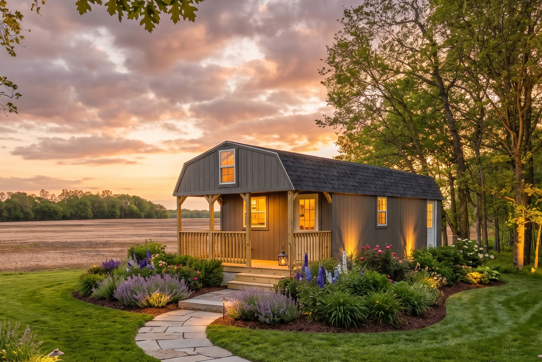 Lofted cabin with landscaping and lighting